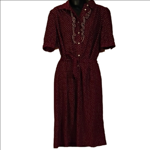 Vintage Burgundy Polka Dot Midi Dress. Housewife Vibes. Size Unknown.